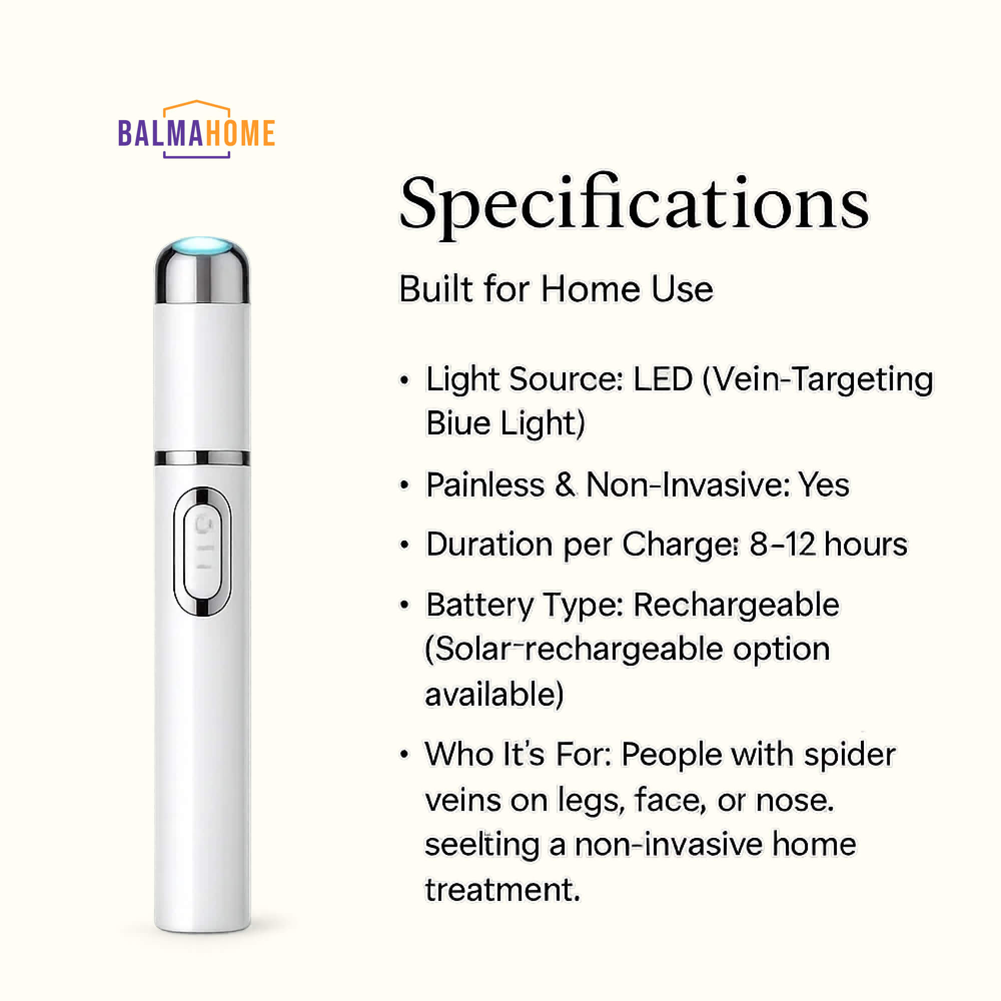 At-Home Blue Light Therapy Device | Non-Invasive Treatment for Spider & Varicose Veins, Portable & Rechargeable for Clearer Skin