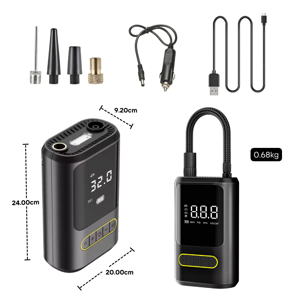 Portable Tyre Inflator with Built-in Power Bank | 150 PSI, LED Light & 4 Nozzles for Cars, Bikes & Sports Equipment