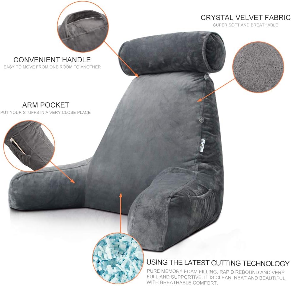 Reading Pillow with Arms | Soft Velvet, Adjustable Headrest & Side Pocket for Ultimate Comfort in Bed or Couch
