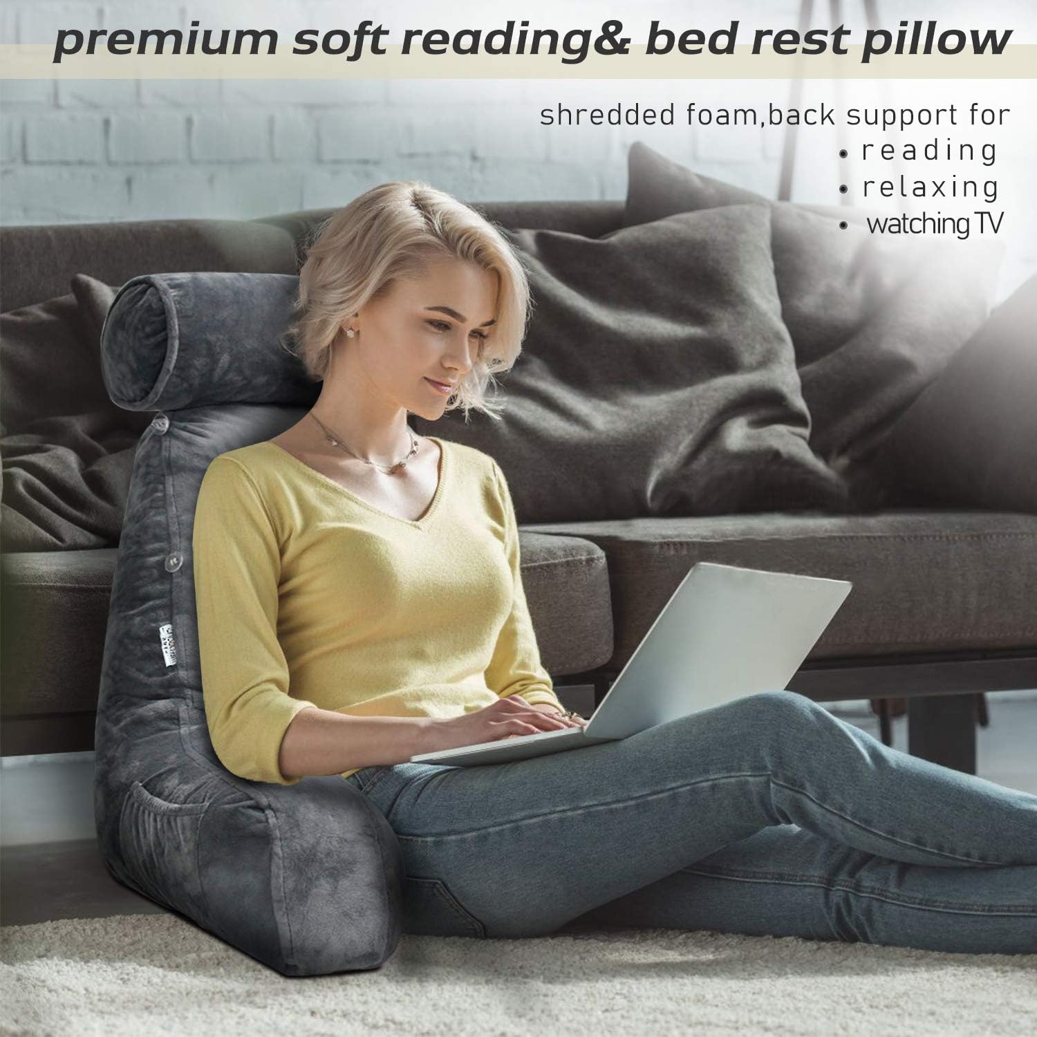 Reading Pillow with Arms | Soft Velvet, Adjustable Headrest & Side Pocket for Ultimate Comfort in Bed or Couch