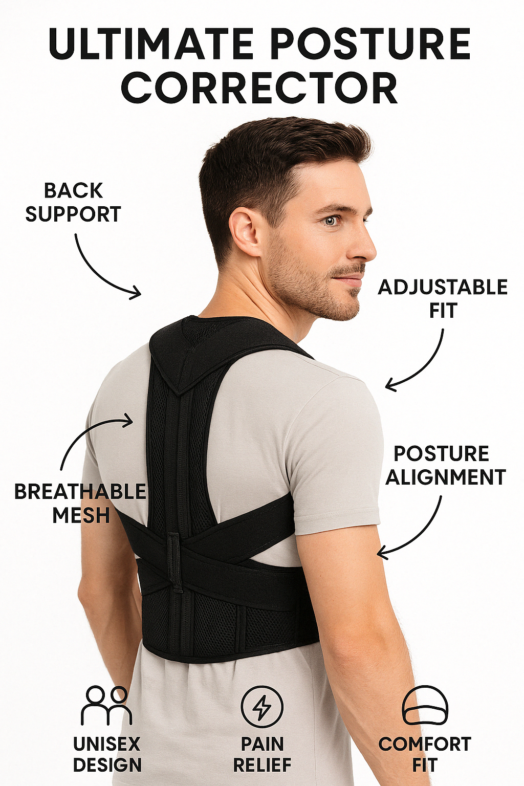 Posture Corrector Pro | Adjustable, Breathable Back Support for Pain Relief & Improved Posture at Home, Office, or Gym