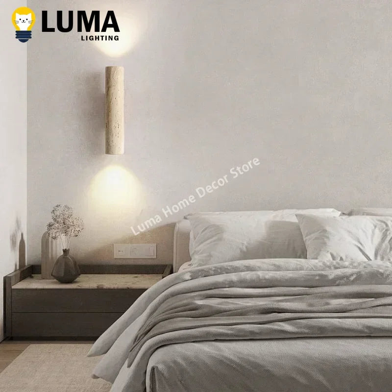 Wabi Sabi Yellow Travertine Wall Lamp – Vintage Stone & Wood Fixture for Bedroom, Nightstand, Living Room, Stairs & Home Décor