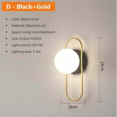 Nordic Wall Lamp - Golden Round Ball Fixture with Milky Glass - Indoor Bedroom & Bedside Lighting Decor