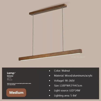 LED Pendant Light Fixture - Modern Wood Long Strip Chandelier for Dining Room, Kitchen & Living Room Lighting