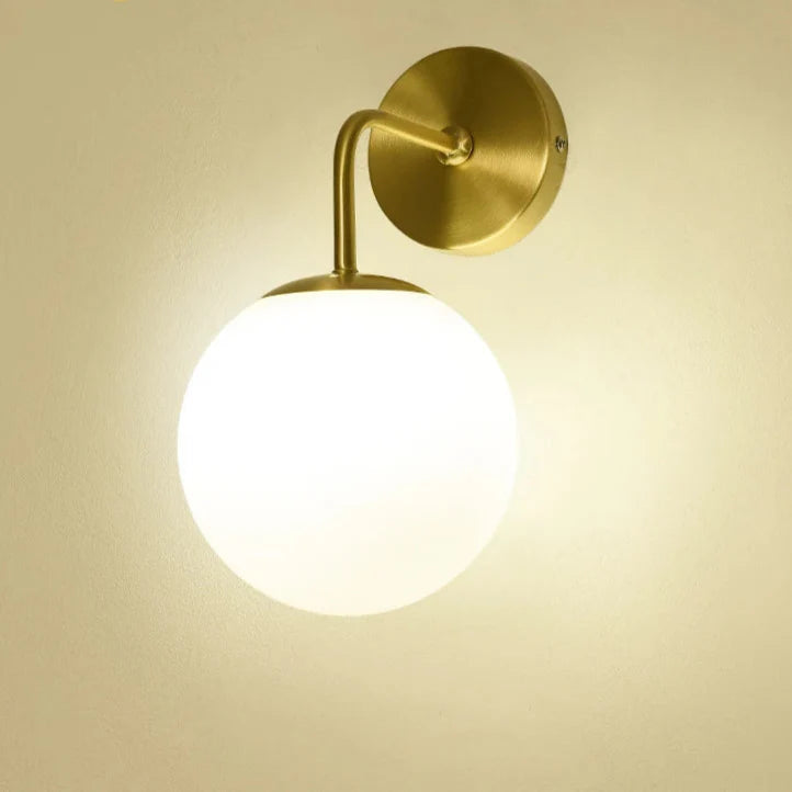 Nordic Wall Lamp - Golden Round Ball Fixture with Milky Glass - Indoor Bedroom & Bedside Lighting Decor