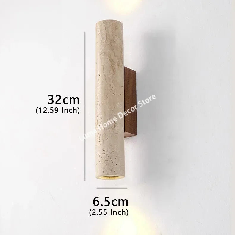 Wabi Sabi Yellow Travertine Wall Lamp – Vintage Stone & Wood Fixture for Bedroom, Nightstand, Living Room, Stairs & Home Décor