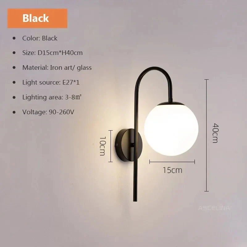 Nordic Wall Lamp - Golden Round Ball Fixture with Milky Glass - Indoor Bedroom & Bedside Lighting Decor