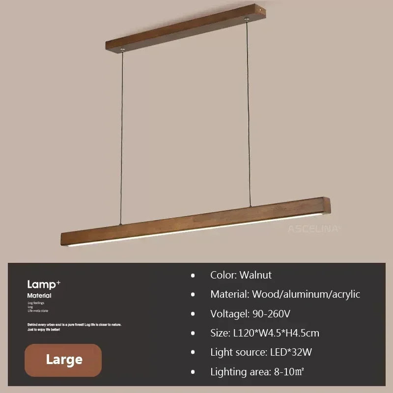 LED Pendant Light Fixture - Modern Wood Long Strip Chandelier for Dining Room, Kitchen & Living Room Lighting
