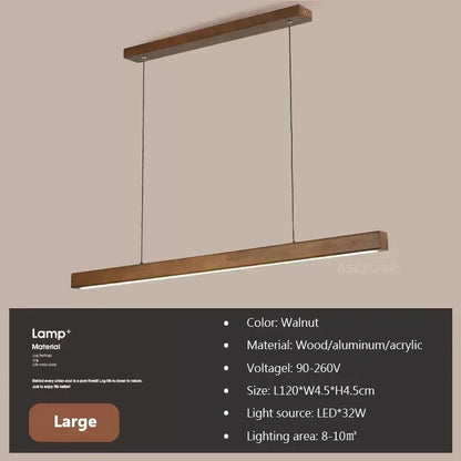 LED Pendant Light Fixture - Modern Wood Long Strip Chandelier for Dining Room, Kitchen & Living Room Lighting