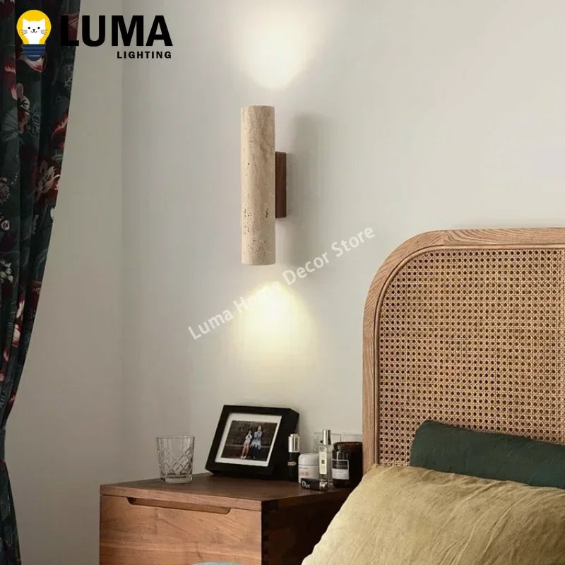 Wabi Sabi Yellow Travertine Wall Lamp – Vintage Stone & Wood Fixture for Bedroom, Nightstand, Living Room, Stairs & Home Décor