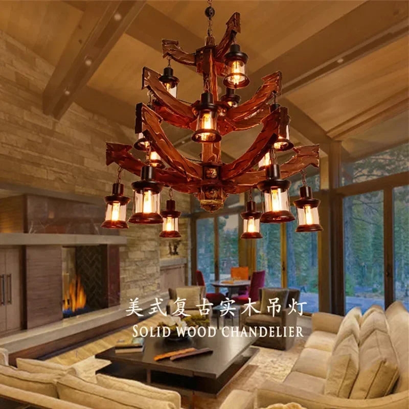 Wooden Decorative Chandelier - American Retro Industrial Style Lighting for Restaurants, Coffee Shops & Bar Counters