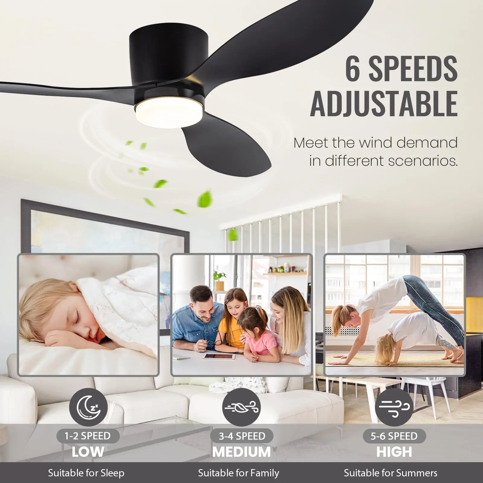 LED Ceiling Fans with Lights 42/52 Inch, 3 Color Options, 6 Speed DC Motor, Remote Control, Low Profile Decorative Lighting for Home