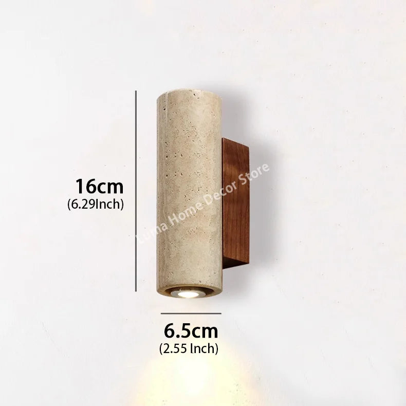 Wabi Sabi Yellow Travertine Wall Lamp – Vintage Stone & Wood Fixture for Bedroom, Nightstand, Living Room, Stairs & Home Décor