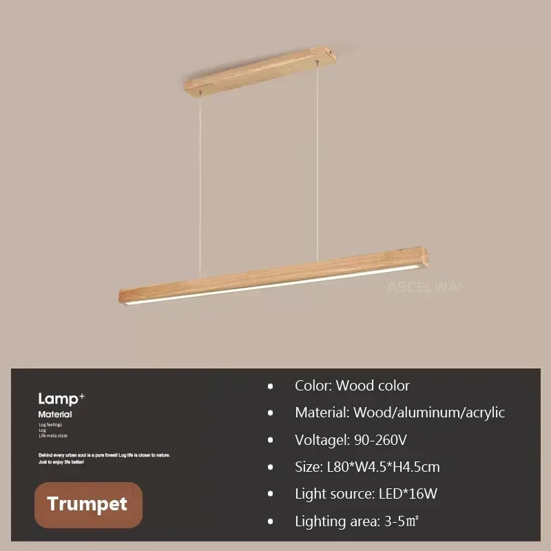 LED Pendant Light Fixture - Modern Wood Long Strip Chandelier for Dining Room, Kitchen & Living Room Lighting