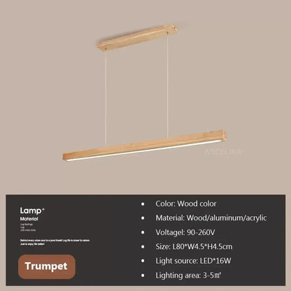 LED Pendant Light Fixture - Modern Wood Long Strip Chandelier for Dining Room, Kitchen & Living Room Lighting