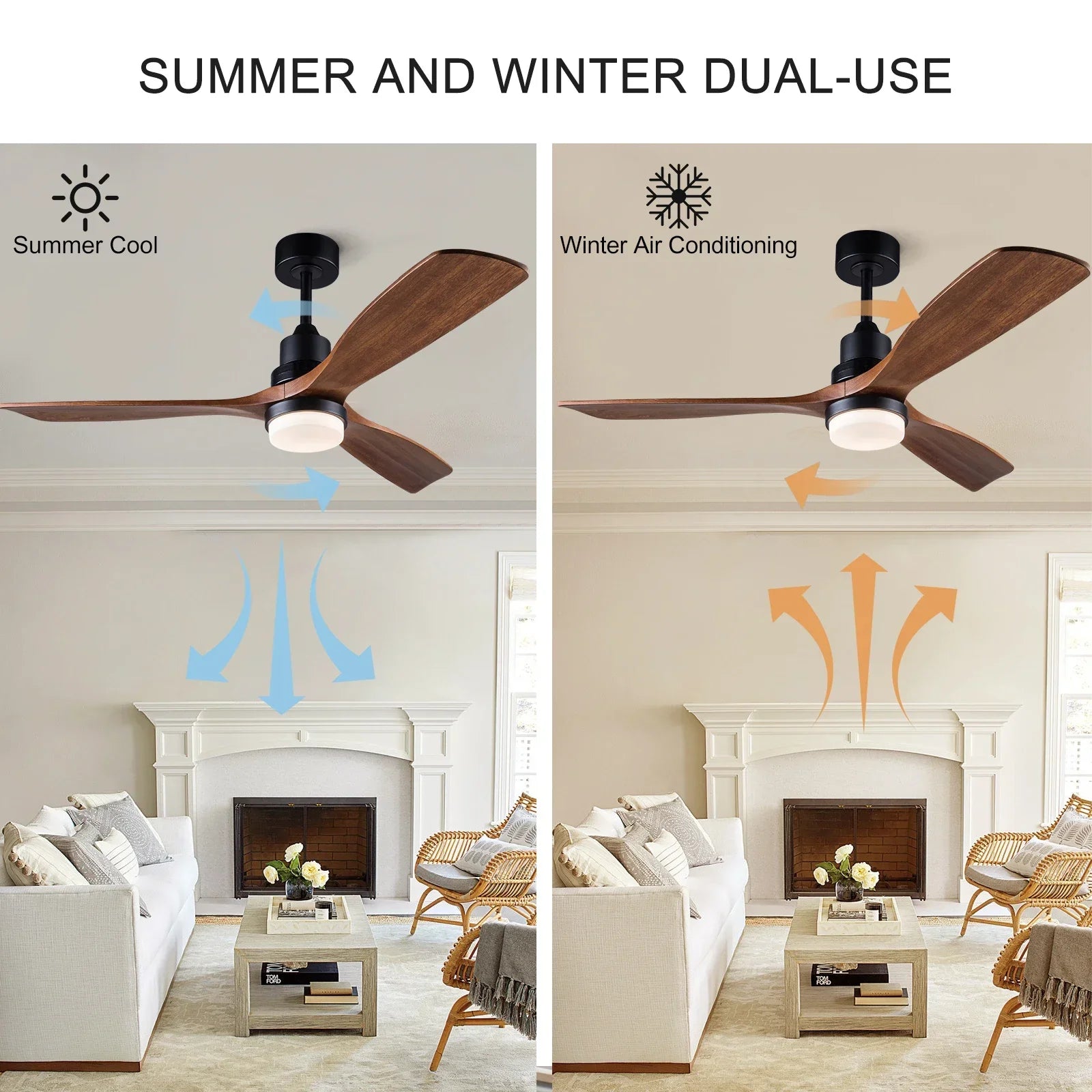 42/52 Inch Solid Wood Ceiling Fan with Remote Control and Light for Living Rooms, Bedrooms, Dining Rooms, and Studies
