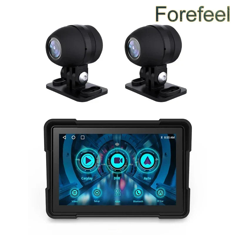 5 Inch Waterproof Dash Cam Monitor | 1080P WiFi, Android Auto & GPS Navigation for Motorcycles and Cars