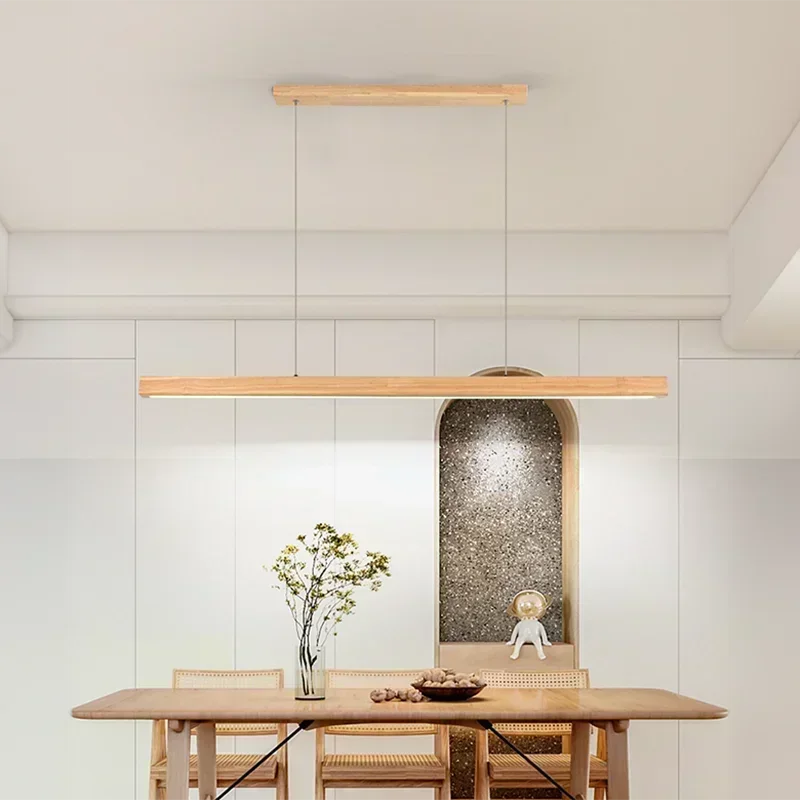 LED Pendant Light Fixture - Modern Wood Long Strip Chandelier for Dining Room, Kitchen & Living Room Lighting