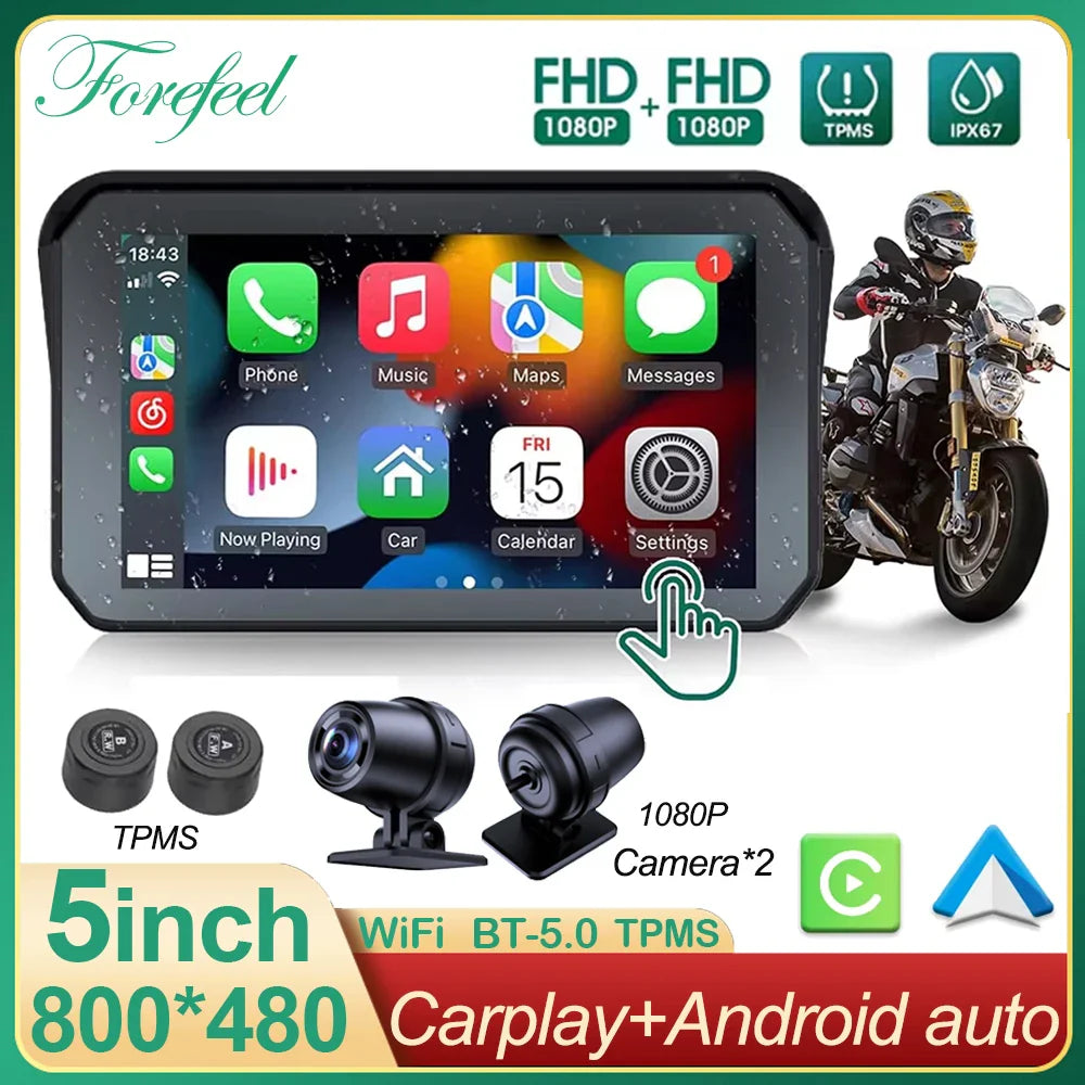 5 Inch Waterproof Dash Cam Monitor | 1080P WiFi, Android Auto & GPS Navigation for Motorcycles and Cars