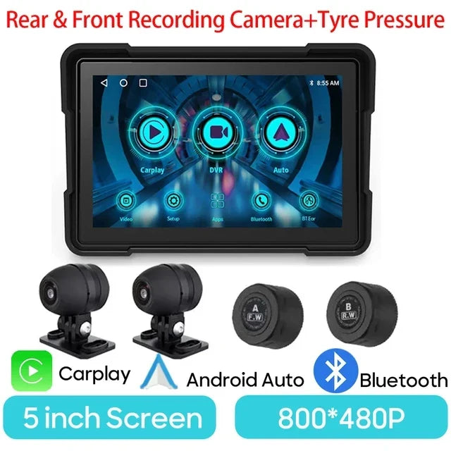 5 Inch Waterproof Dash Cam Monitor | 1080P WiFi, Android Auto & GPS Navigation for Motorcycles and Cars