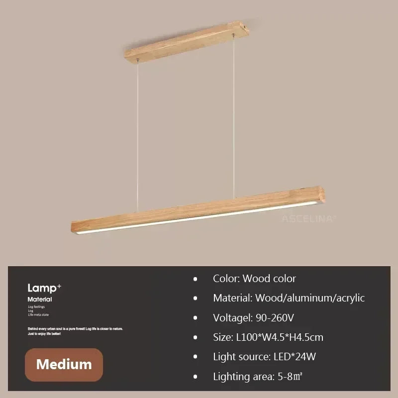 LED Pendant Light Fixture - Modern Wood Long Strip Chandelier for Dining Room, Kitchen & Living Room Lighting