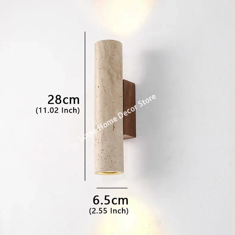 Wabi Sabi Yellow Travertine Wall Lamp – Vintage Stone & Wood Fixture for Bedroom, Nightstand, Living Room, Stairs & Home Décor