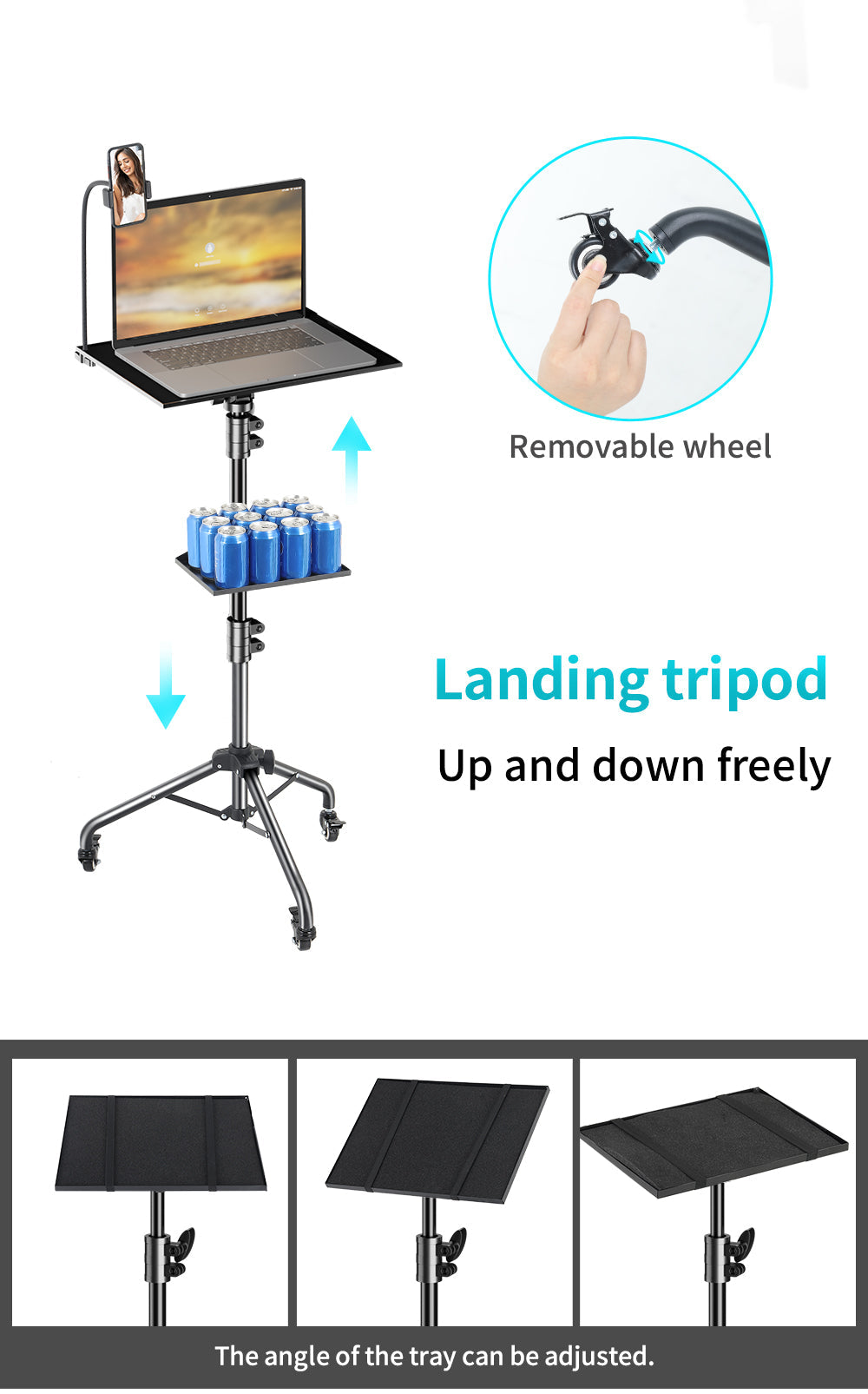 Adjustable Folding Laptop Table Stand | Ergonomic, Portable with 2 Trays & Detachable Wheels for Home Office & Study Use