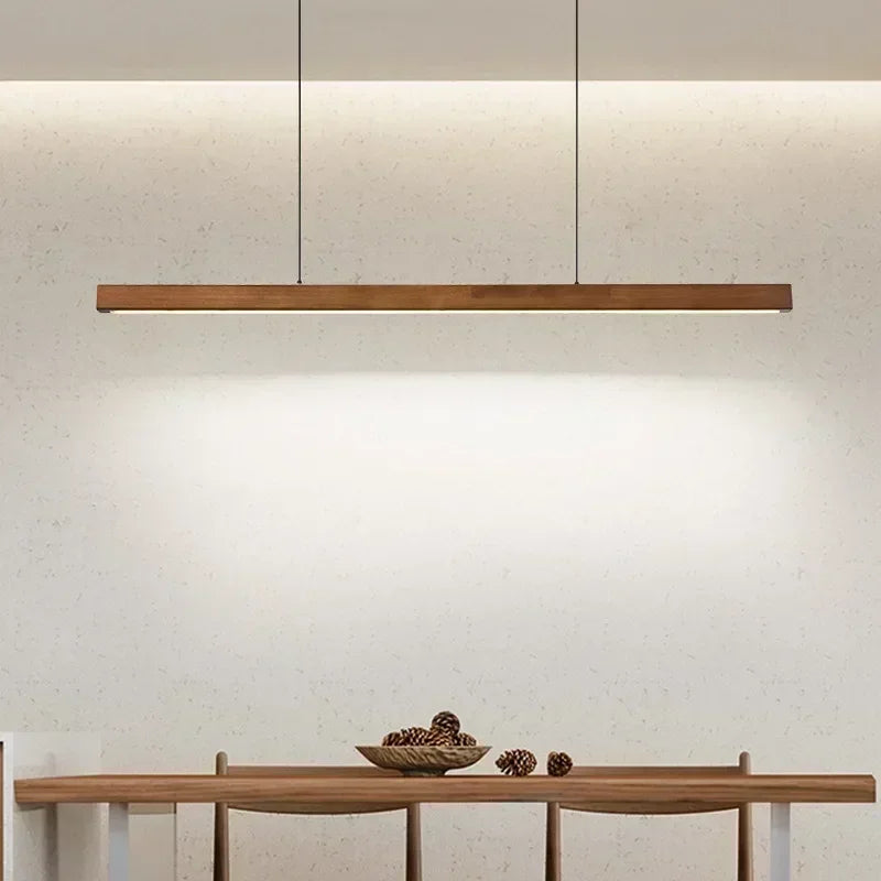 LED Pendant Light Fixture - Modern Wood Long Strip Chandelier for Dining Room, Kitchen & Living Room Lighting