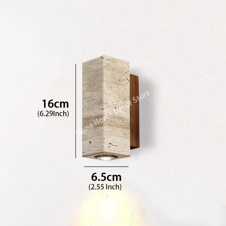 Wabi Sabi Yellow Travertine Wall Lamp – Vintage Stone & Wood Fixture for Bedroom, Nightstand, Living Room, Stairs & Home Décor