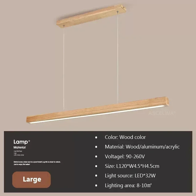 LED Pendant Light Fixture - Modern Wood Long Strip Chandelier for Dining Room, Kitchen & Living Room Lighting