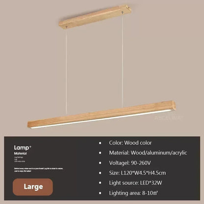 LED Pendant Light Fixture - Modern Wood Long Strip Chandelier for Dining Room, Kitchen & Living Room Lighting