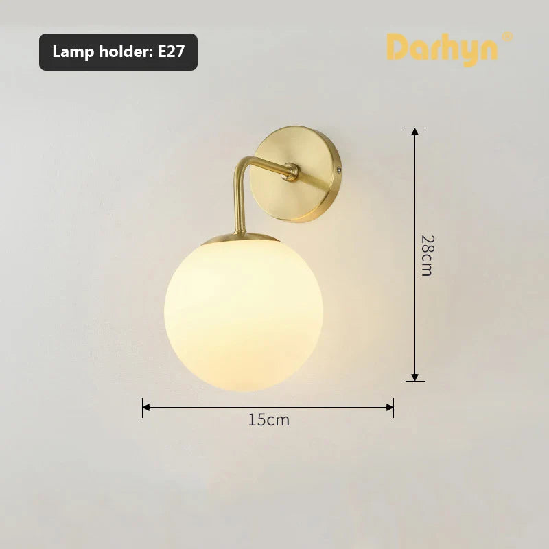 Nordic Wall Lamp - Golden Round Ball Fixture with Milky Glass - Indoor Bedroom & Bedside Lighting Decor