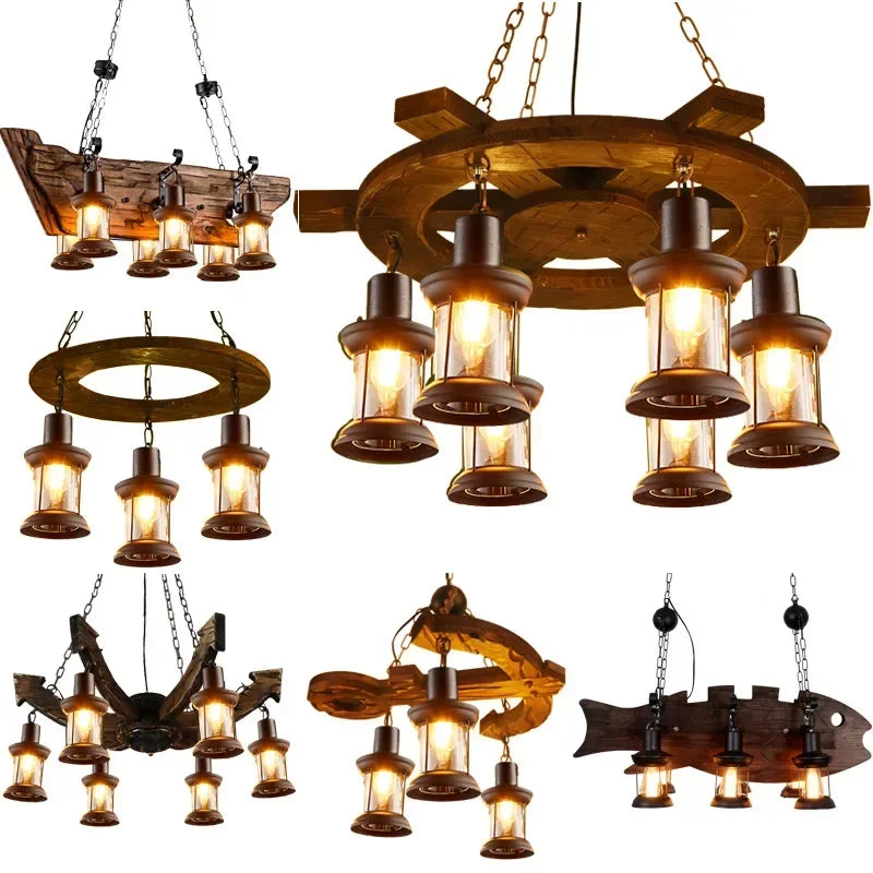 Wooden Decorative Chandelier - American Retro Industrial Style Lighting for Restaurants, Coffee Shops & Bar Counters