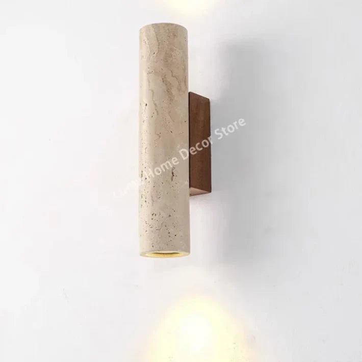 Wabi Sabi Yellow Travertine Wall Lamp – Vintage Stone & Wood Fixture for Bedroom, Nightstand, Living Room, Stairs & Home Décor