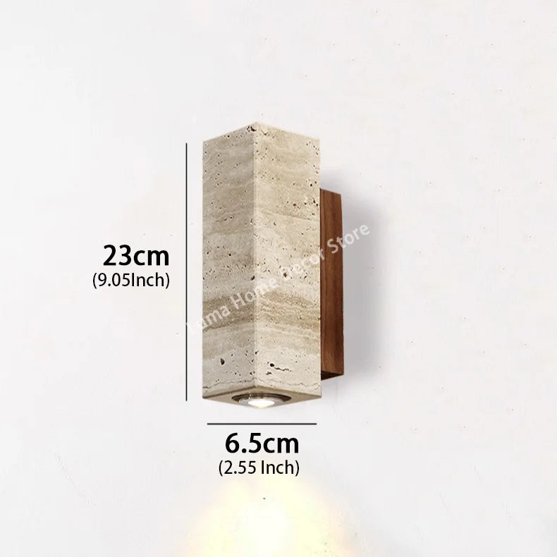 Wabi Sabi Yellow Travertine Wall Lamp – Vintage Stone & Wood Fixture for Bedroom, Nightstand, Living Room, Stairs & Home Décor