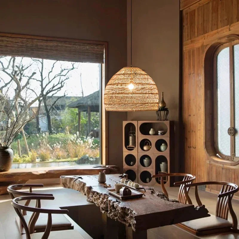 Rattan Cloche Pendant Lamp - Handmade Vintage Rattan Light Fixture for Home Decor, Living Room, Cafe & Kitchen Island