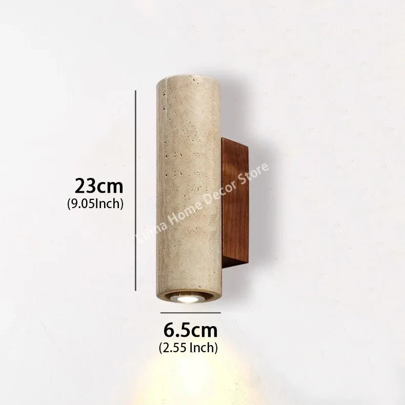 Wabi Sabi Yellow Travertine Wall Lamp – Vintage Stone & Wood Fixture for Bedroom, Nightstand, Living Room, Stairs & Home Décor