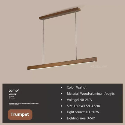LED Pendant Light Fixture - Modern Wood Long Strip Chandelier for Dining Room, Kitchen & Living Room Lighting