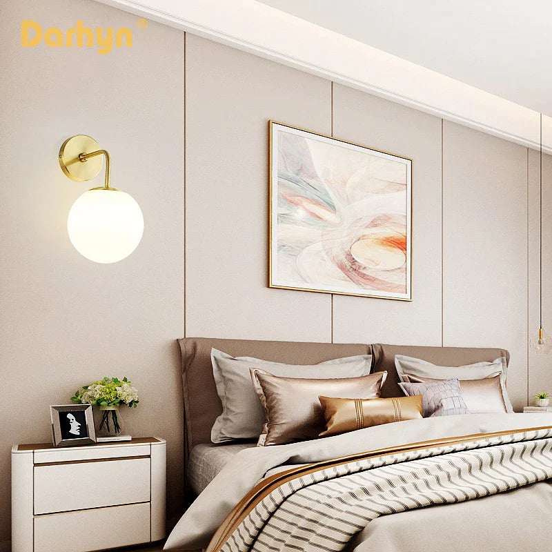 Nordic Wall Lamp - Golden Round Ball Fixture with Milky Glass - Indoor Bedroom & Bedside Lighting Decor