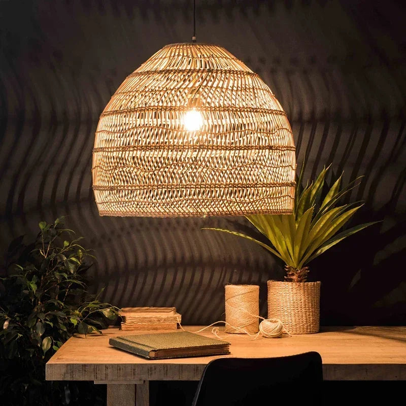 Rattan Cloche Pendant Lamp - Handmade Vintage Rattan Light Fixture for Home Decor, Living Room, Cafe & Kitchen Island