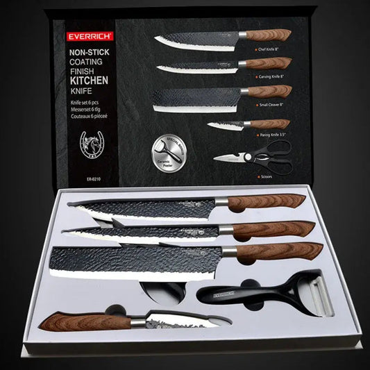 Stainless Steel Knives Set | Multifunctional, Non-Stick Blades & Ergonomic Wood Handles for Home Cooking and Meal Prep