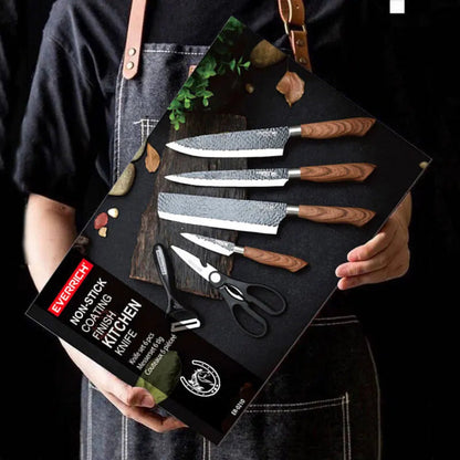Stainless Steel Knives Set | Multifunctional, Non-Stick Blades & Ergonomic Wood Handles for Home Cooking and Meal Prep