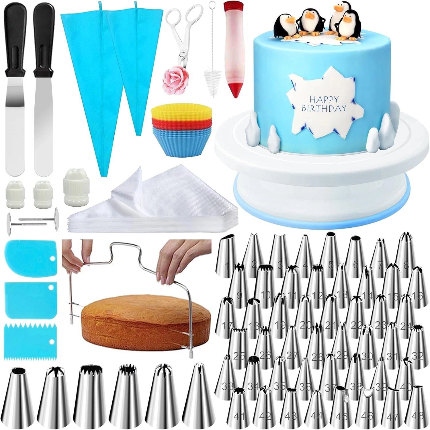 Cake Decorating Kit with Icing Tips, Leveler, Turntable & Piping Bags for Professional Baking and Cake Design
