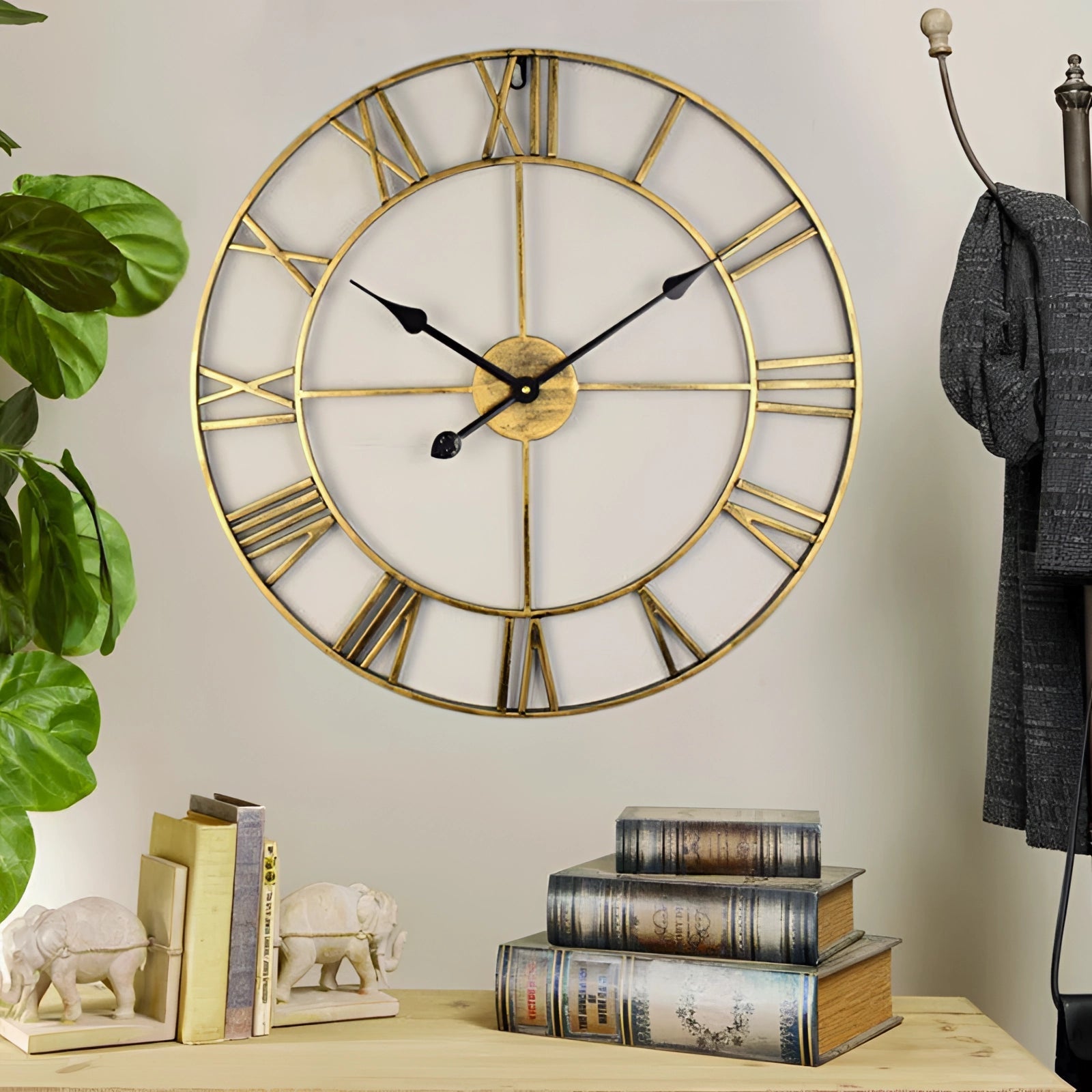 Large Gold Metal Frame Wall Clock with Roman Numerals - Oversized Design for Living Room & Office Decor