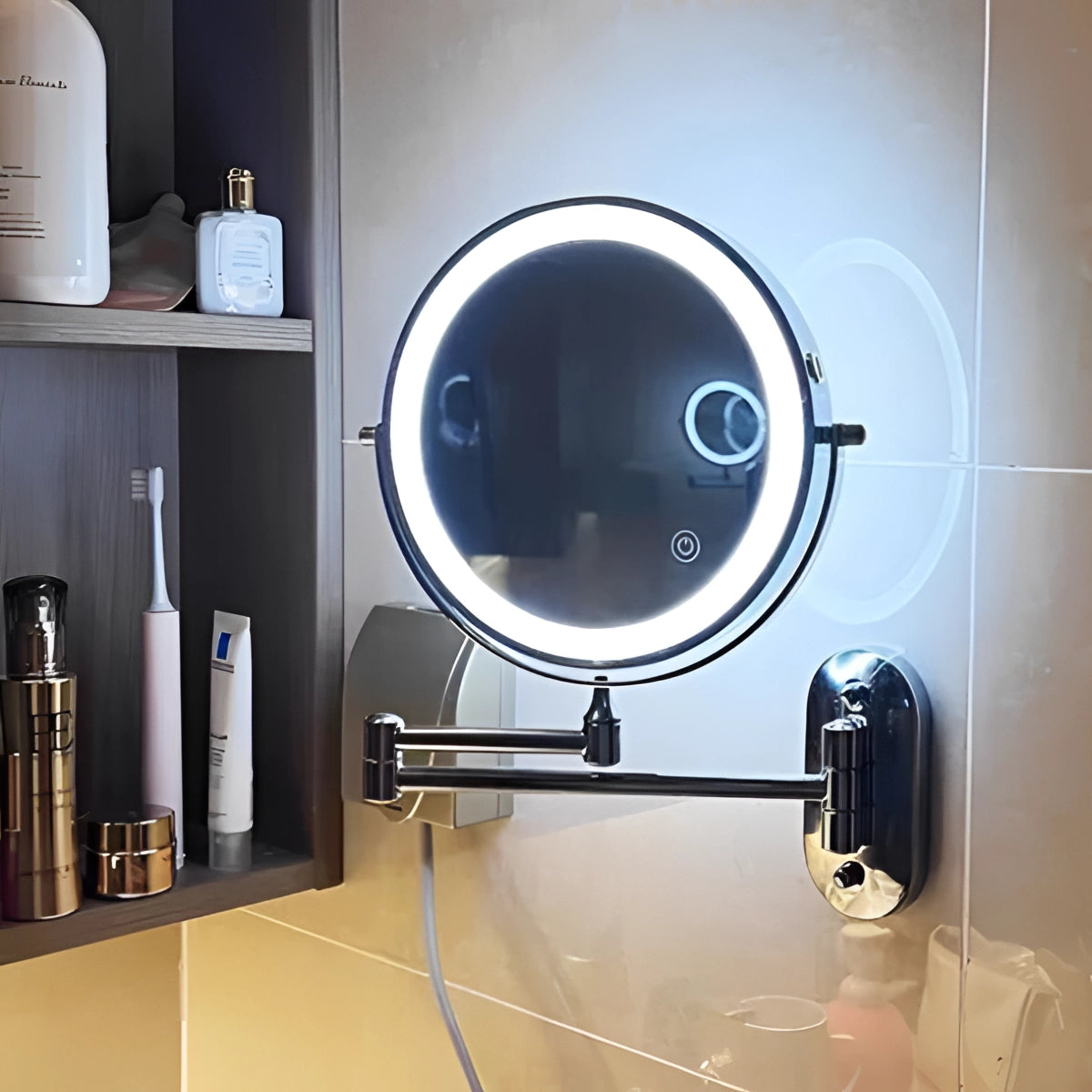 LED Wall-Mounted Magnifying Makeup Mirror with Adjustable Touch Sensor for Precision Grooming and Beauty Application