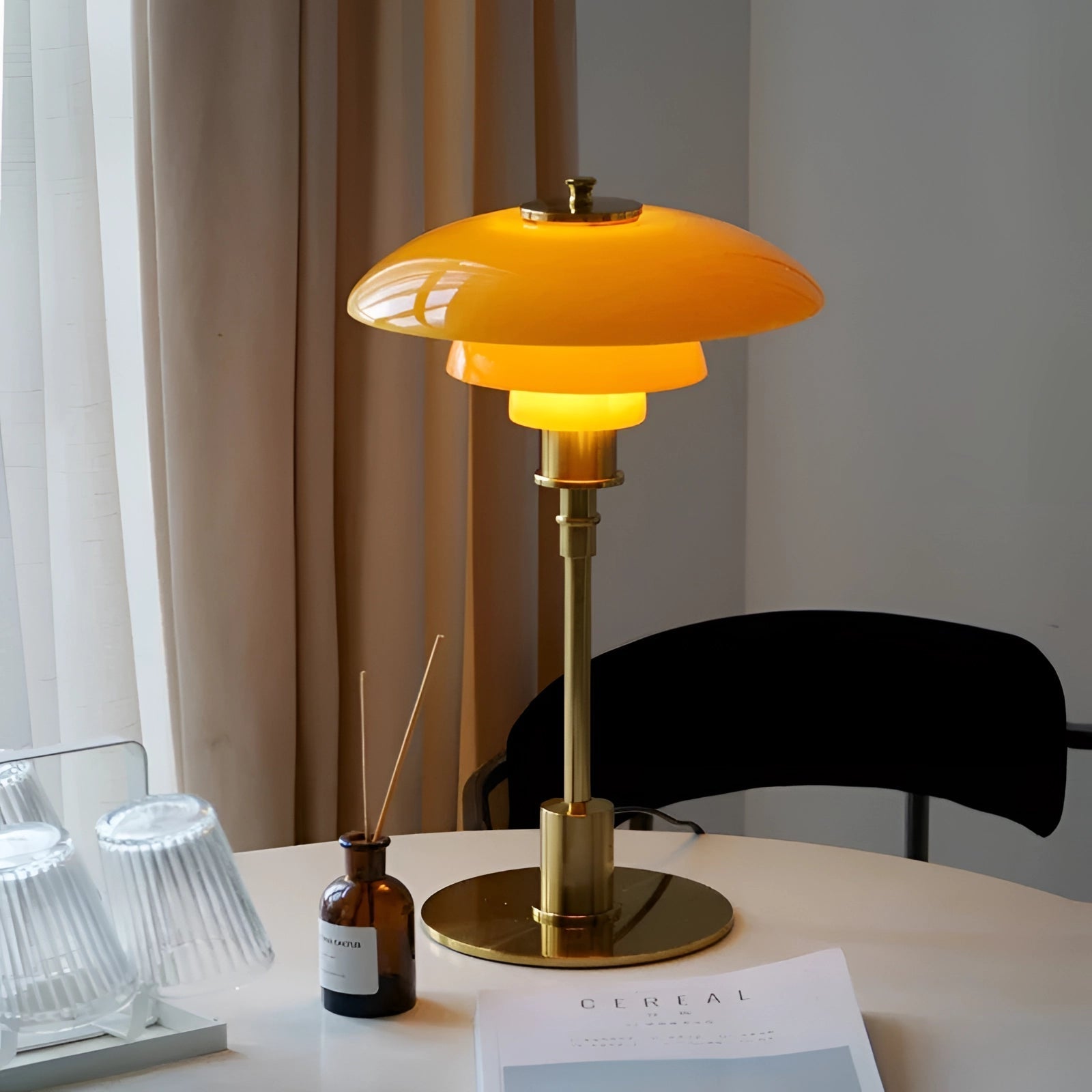 Adjustable Brass Table Lamp with Orange Glass Shade - Mid-Century Modern Design for Living Room & Bedroom