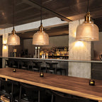Vintage Ribbed Glass Pendant Light Fixture - Brass Hanging Light for Kitchen & Dining Room