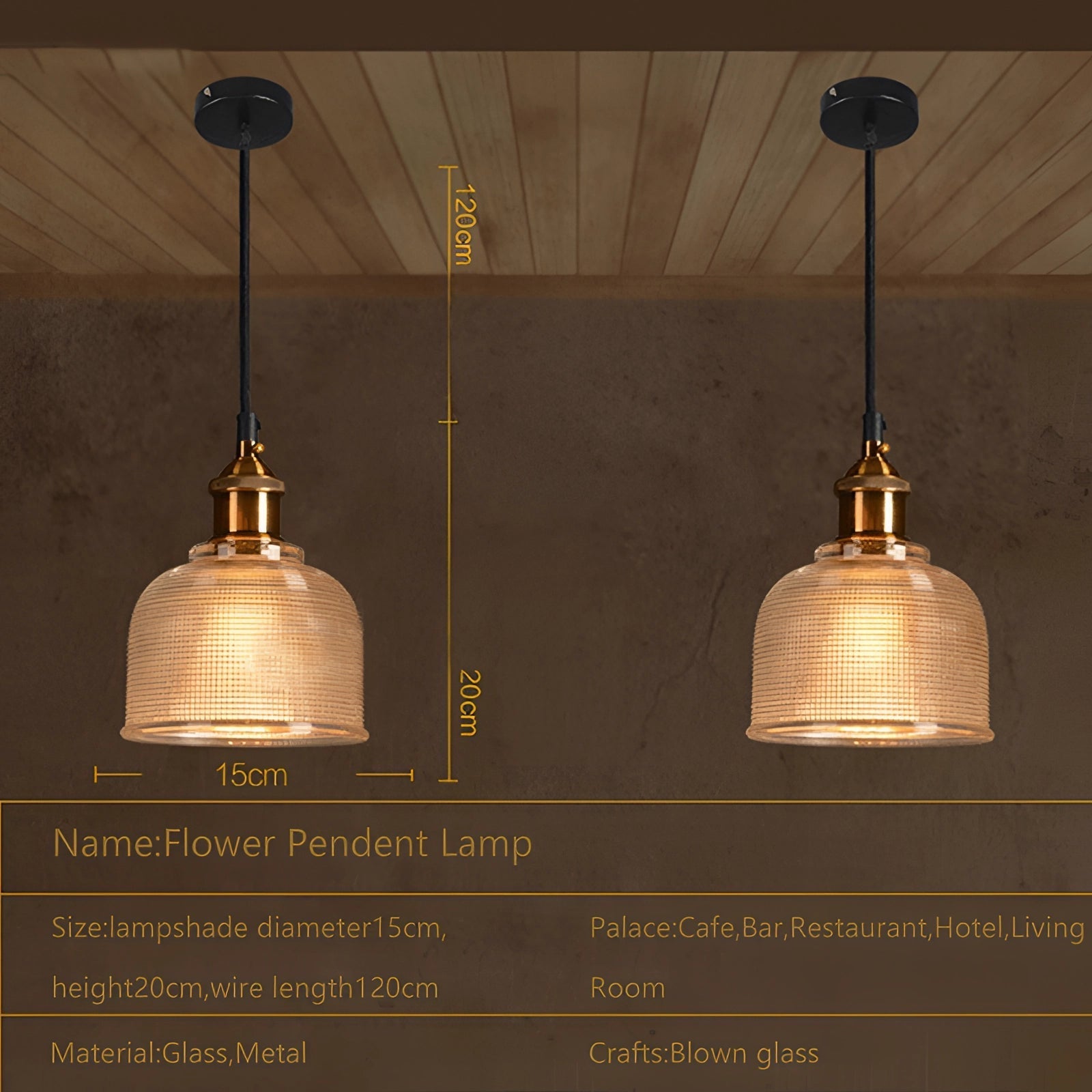 Vintage Ribbed Glass Pendant Light Fixture - Brass Hanging Light for Kitchen & Dining Room