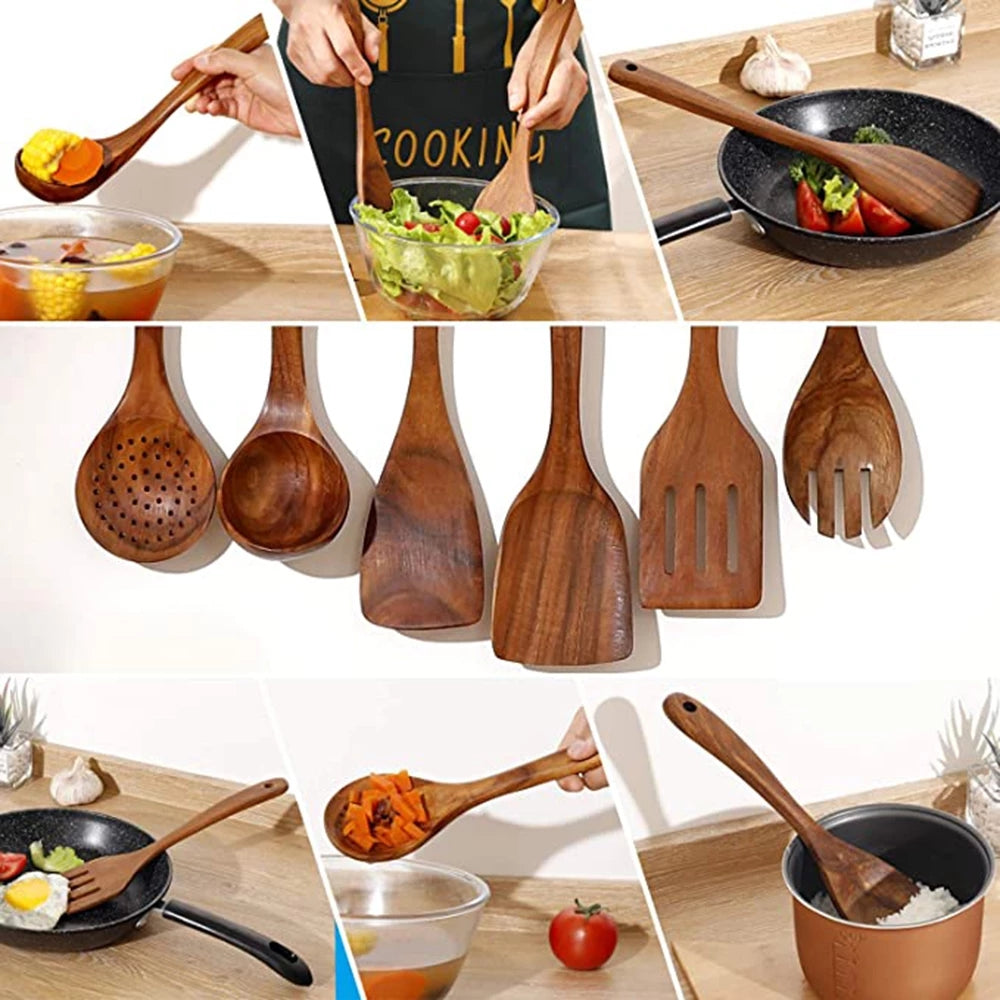 Wooden Kitchen Utensils Set - Teak Wood Cooking Utensils and Spoons for Stylish Kitchens, Best Wooden Kitchen Utensils