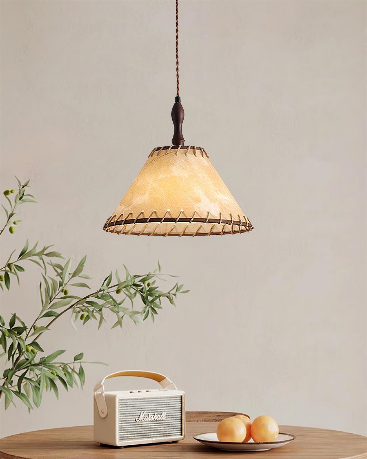 Wood and Fabric Pendant Lamp - Rustic Hanging Light Fixture for Dining Room & Kitchen Decor